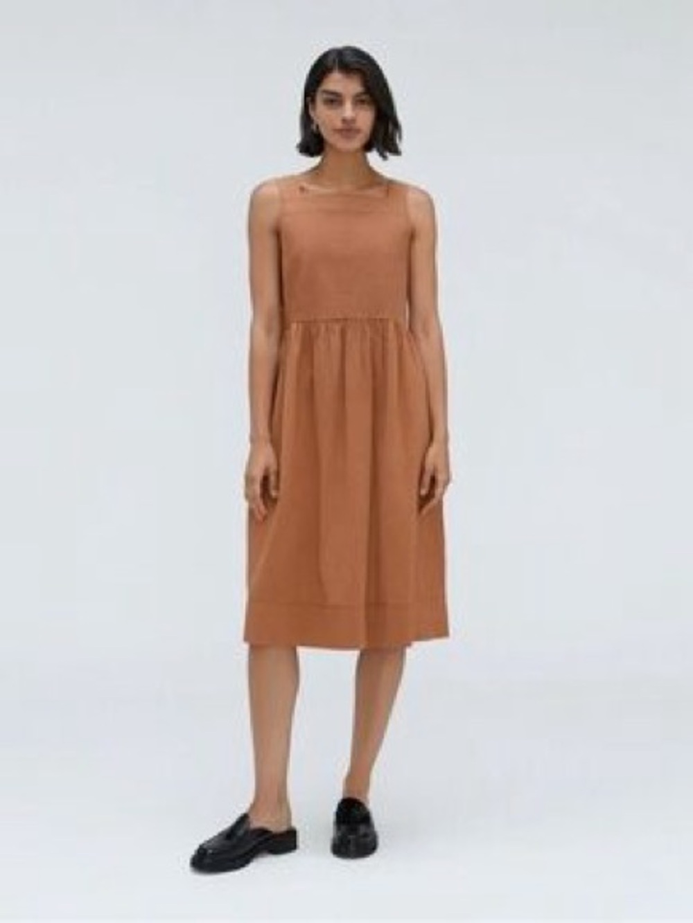 Everlane Seersucker Midi Dress in Camel